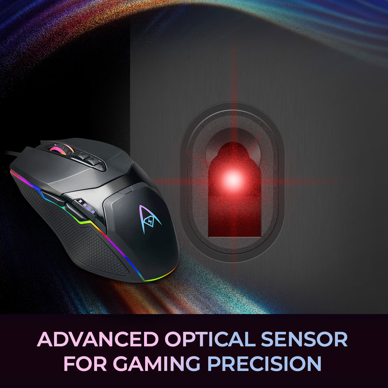 Adesso - Gaming Mouse Wired X5 6 Button Illuminated Multi-Coloured lights up to 6400dpi Ambodextrous PC/Mac - Black - Limolin 
