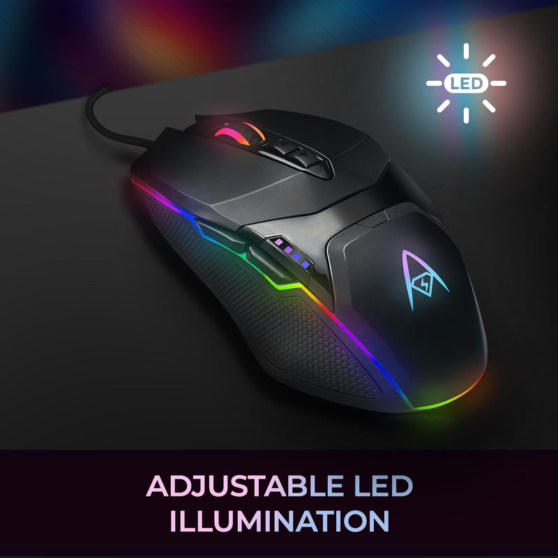 Adesso - Gaming Mouse Wired X5 6 Button Illuminated Multi-Coloured lights up to 6400dpi Ambodextrous PC/Mac - Black - Limolin 