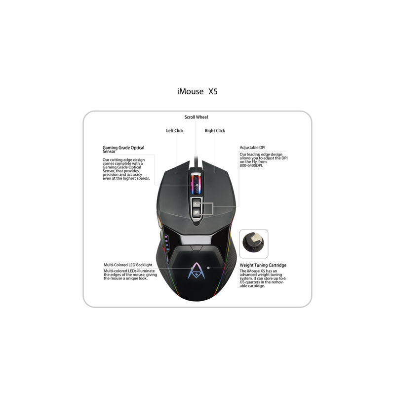 Adesso - Gaming Mouse Wired X5 6 Button Illuminated Multi-Coloured lights up to 6400dpi Ambodextrous PC/Mac - Black - Limolin 