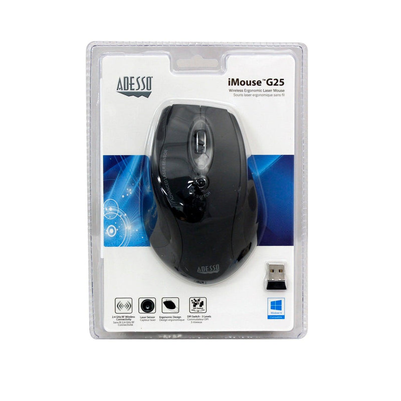 Adesso - Mouse Laser Wireless Ergonomic G25 6 Button up to 1600dpi PC/Mac - Black - Limolin 