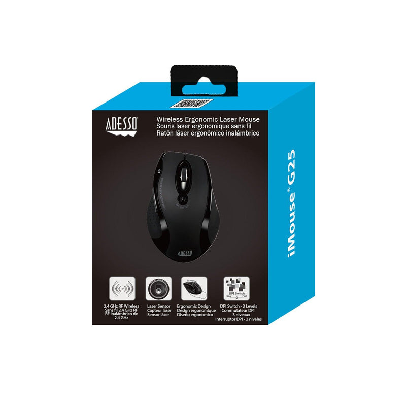 Adesso - Mouse Laser Wireless Ergonomic G25 6 Button up to 1600dpi PC/Mac - Black - Limolin 