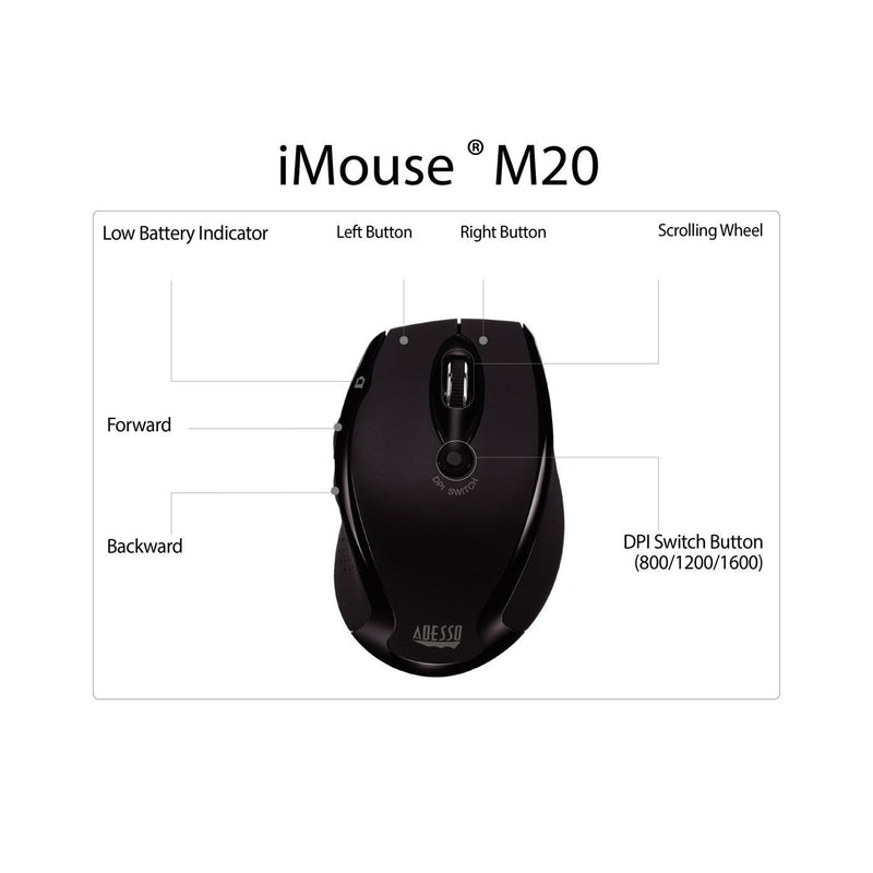 Adesso - Mouse Wireless Ergonomic M20B 6 Button up to 1600dpi PC/Mac - Black - Limolin 