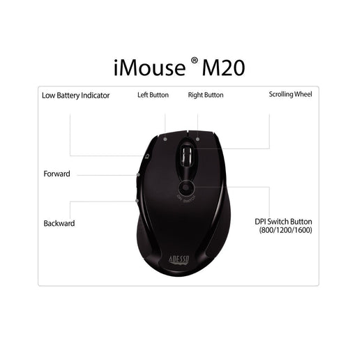 Adesso - Mouse Wireless Ergonomic M20B 6 Button up to 1600dpi PC/Mac - Black - Limolin 