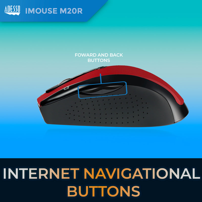 Adesso - Mouse Wireless Ergonomic M20R 6 Button up to 1600dpi PC/Mac - Red - Limolin 
