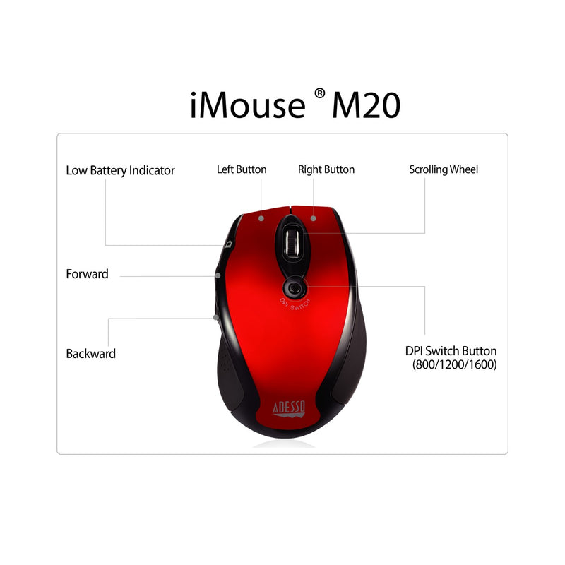 Adesso - Mouse Wireless Ergonomic M20R 6 Button up to 1600dpi PC/Mac - Red - Limolin 