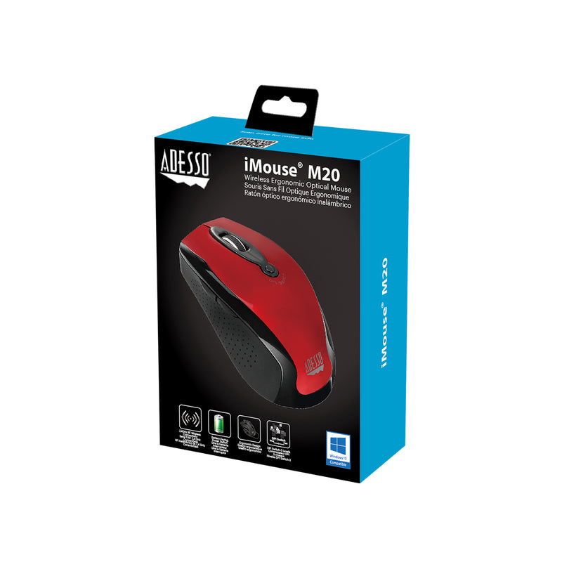 Adesso - Mouse Wireless Ergonomic M20R 6 Button up to 1600dpi PC/Mac - Red - Limolin 
