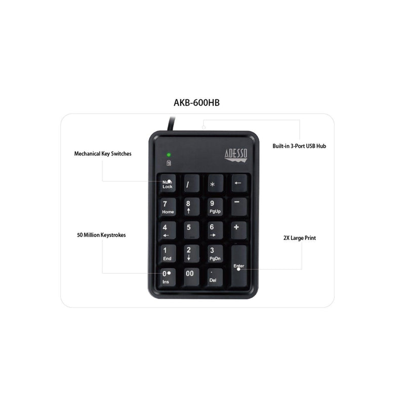 Adesso - Numeric Keypad Wired 19 Keys & 3 Port USB Hub PC/Mac - Black - Limolin 