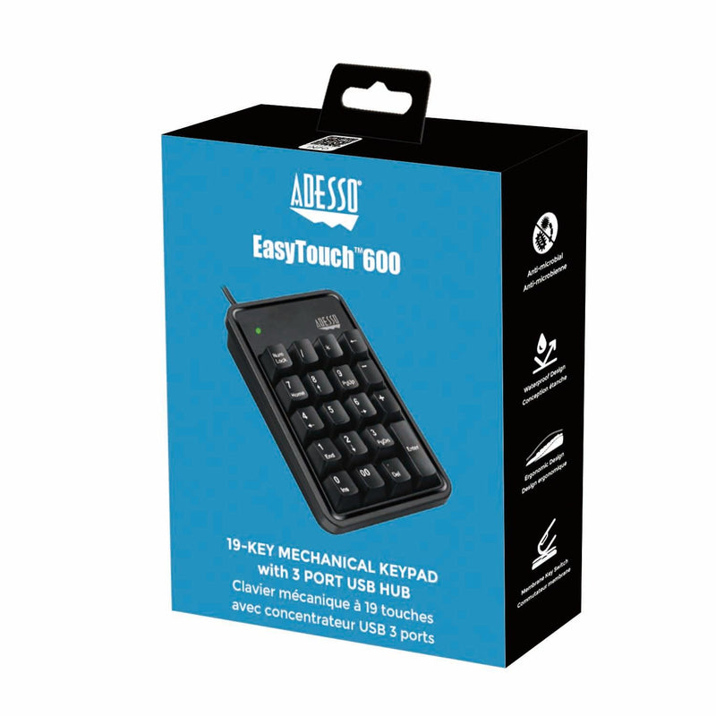 Adesso - Numeric Keypad Wired 19 Keys & 3 Port USB Hub PC/Mac - Black - Limolin 