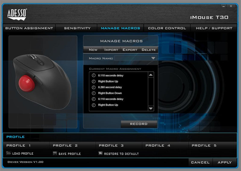 Adesso - Trackball Mouse Wireless Ergonomic iMouse T30 7 Buttons - Black - Limolin 