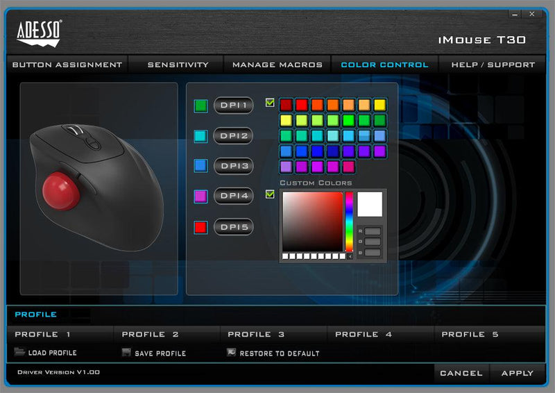 Adesso - Trackball Mouse Wireless Ergonomic iMouse T30 7 Buttons - Black - Limolin 