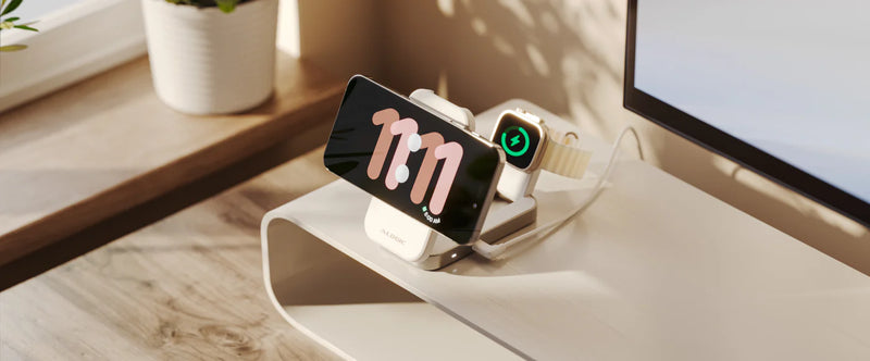 Alogic - Qi2 Charging Stand 2-in-1 Flip 2 Phone (15W) & Watch (3W) Charger with 3ft USB-C to USB-C Cable - White - Limolin 