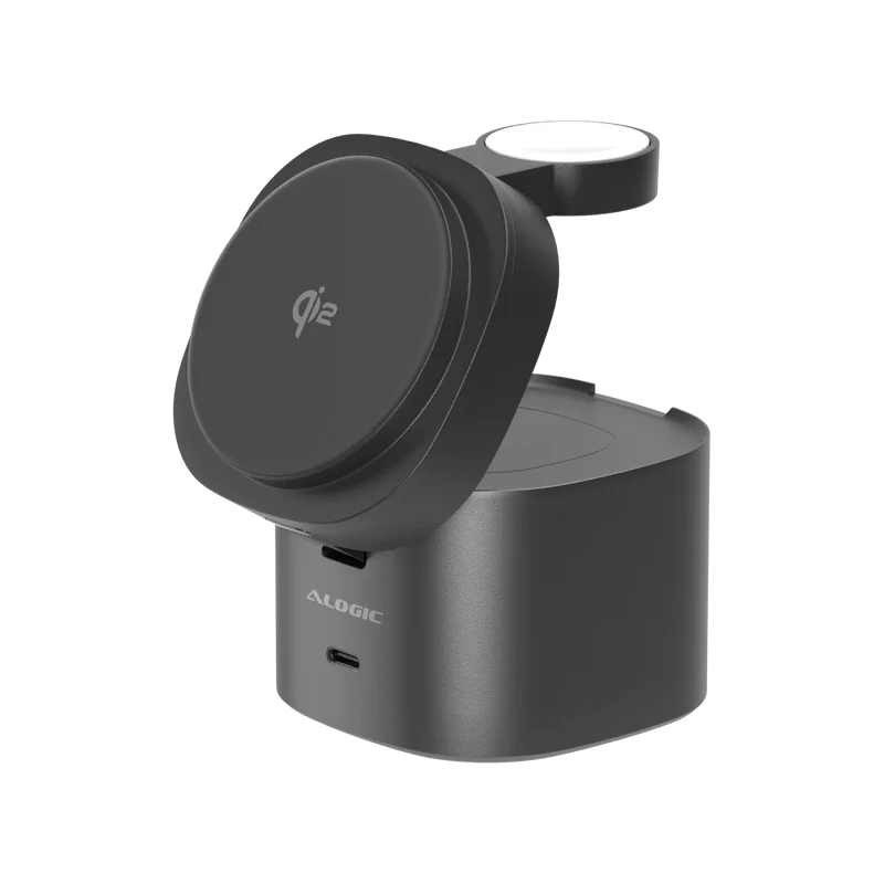 Alogic - Qi2 Charging Stand 4-in-1 PowerPod Phone (15W) & Watch (3W) AirPods (5W) + USB-C (30W) with 3ft USB-C to USB-C Cable - Black - Limolin 