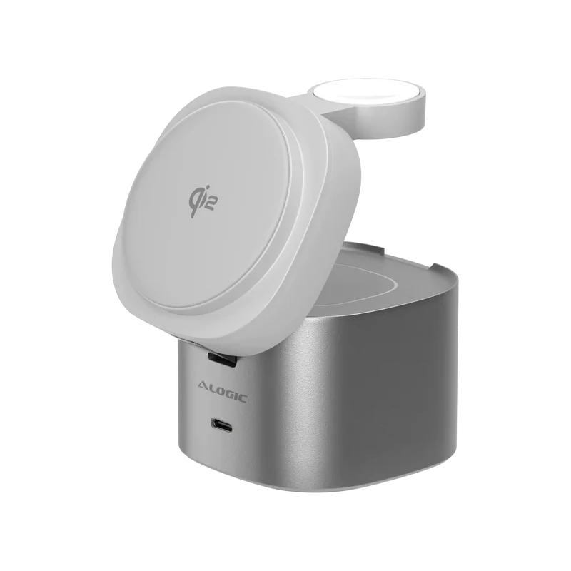 Alogic - Qi2 Charging Stand 4-in-1 PowerPod Phone (15W) & Watch (3W) AirPods (5W) + USB-C (30W) with 3ft USB-C to USB-C Cable - Black - Limolin 
