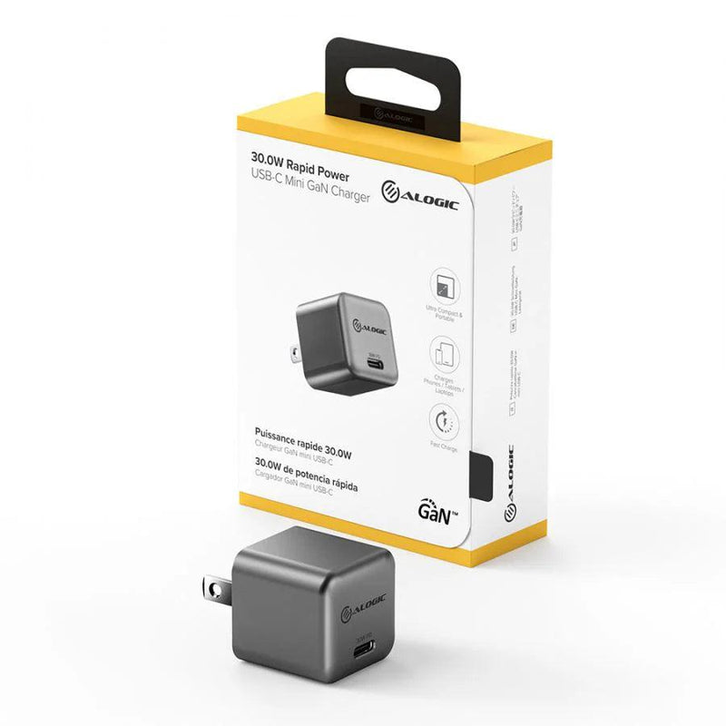 Alogic - Wall Charger 1 Port 30W GaN PD USB-C Mini Compact Size Rapid Power - Grey - Limolin 