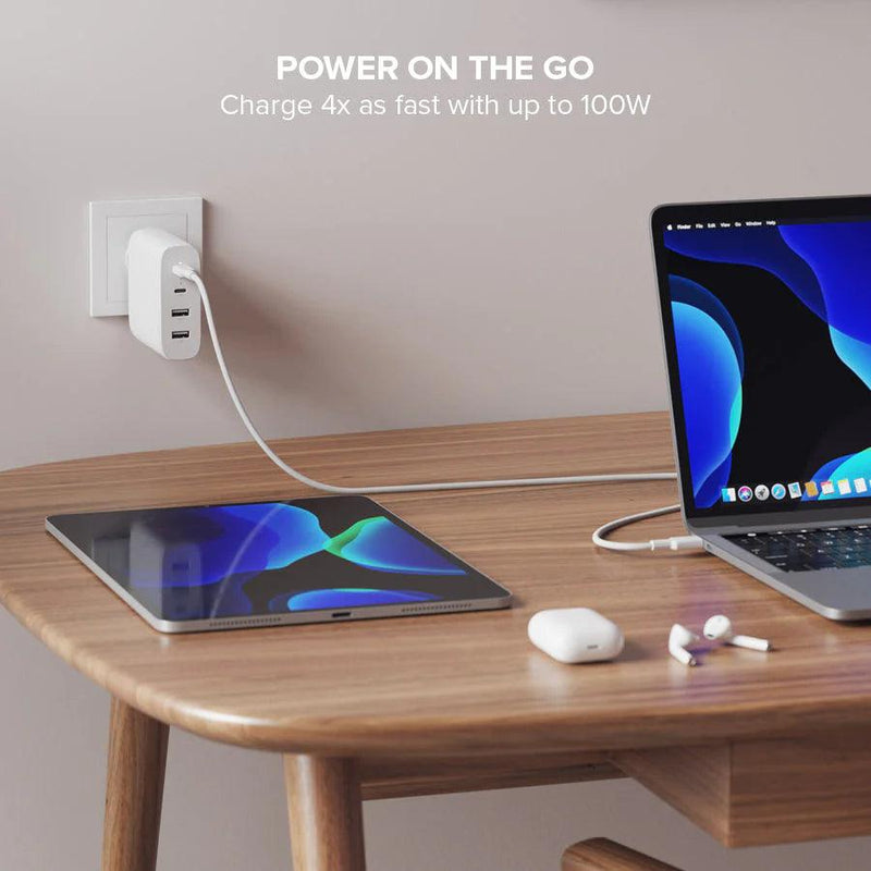 Alogic - Wall Charger 4 Port 100W GaN Charger - Includes 2m USB-C Cable  - White - Limolin 