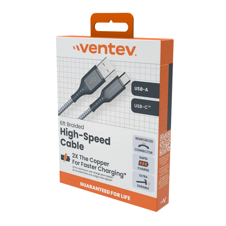 Ventev - Charge & Sync USB-C to USB-A Cable 2x the copper for faster charging 6ft - Gray