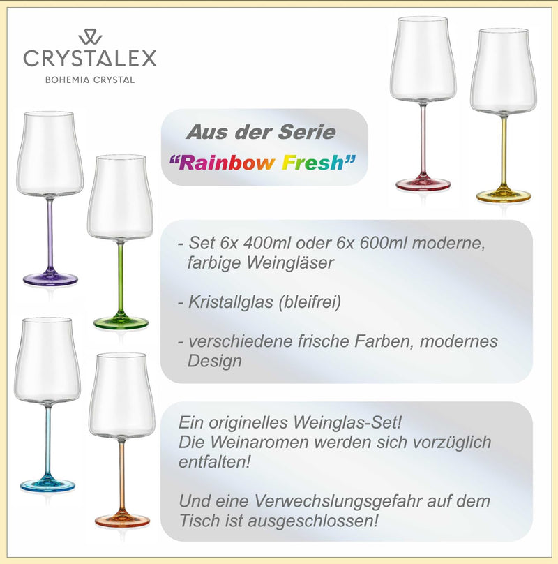 Bohemia Crystal - Rainbow Fresh Wine 400ml (Set of 6) Assorted - Limolin 