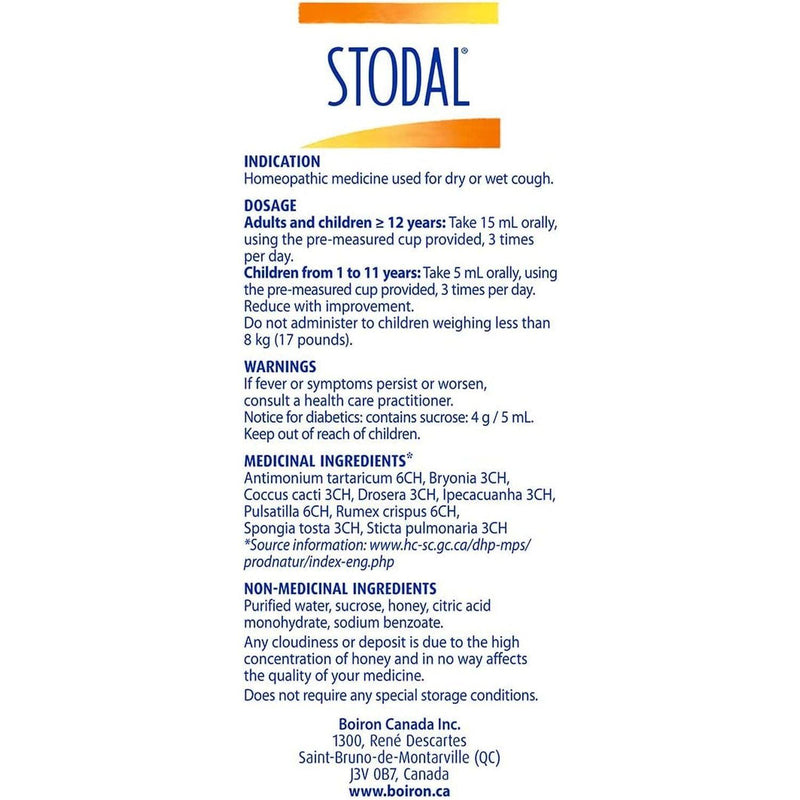 Boiron - Stodal Cough Syrup Honey Adult, 200ML - Limolin 
