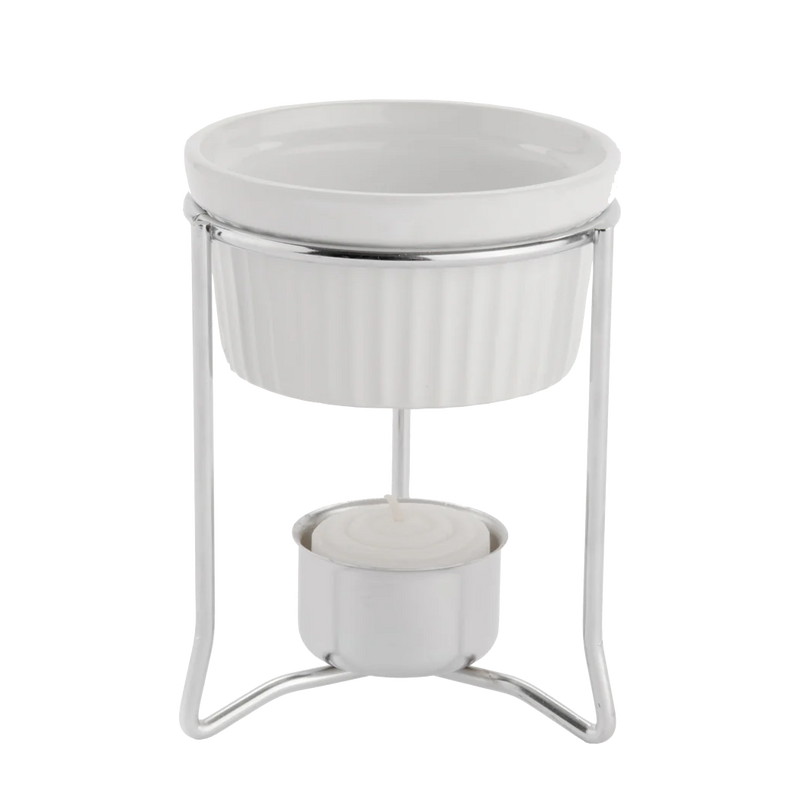 Browne - Butter Warmer with Stoneware Pot, 4oz/118ml, 3.5x4.3"/8.9x10.9cm, Chrome Plated Frame - Limolin 