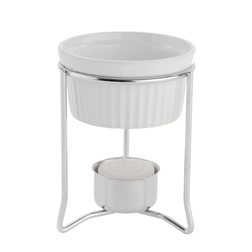 Browne - Butter Warmer with Stoneware Pot, 4oz/118ml, 3.5x4.3"/8.9x10.9cm, Chrome Plated Frame - Limolin 