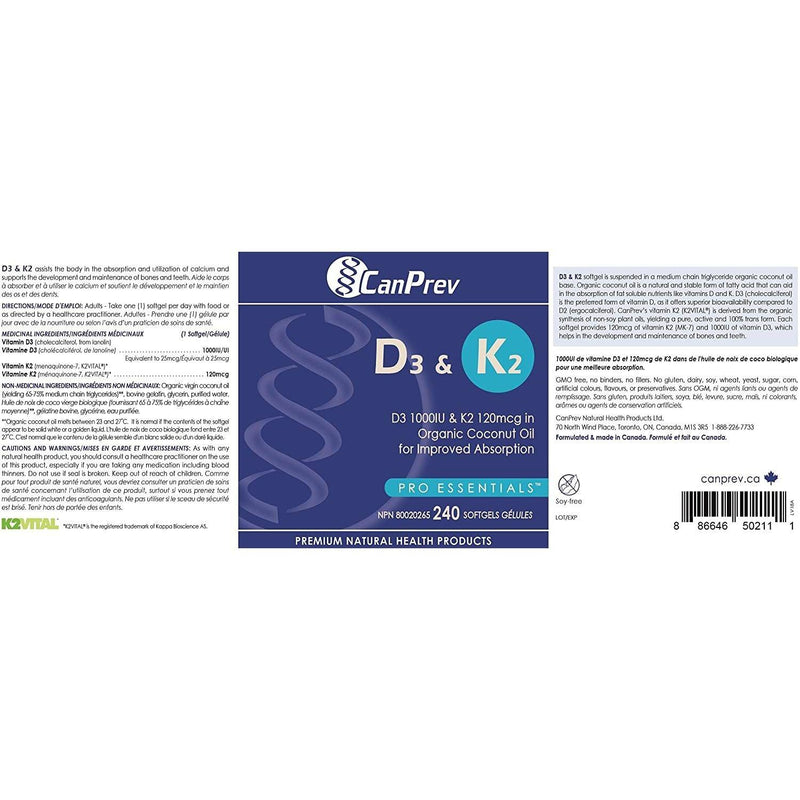 Canprev - D3 & K2 - Organic Coconut Oil, 240 softgels - Limolin 