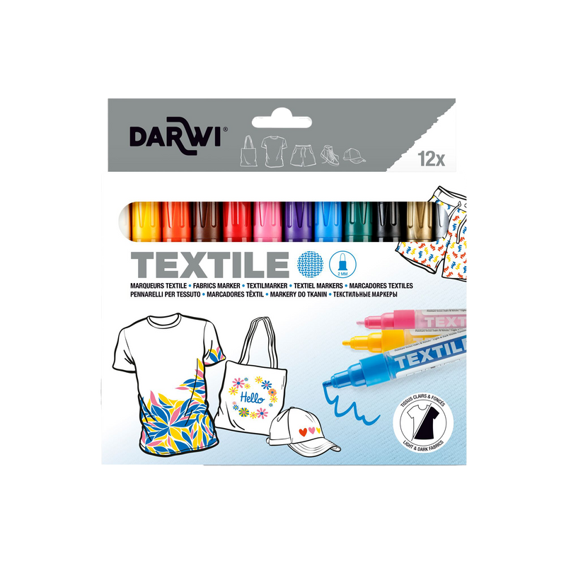 Fabric Markers Darwi  2 mm Tip Box of 12 Colors (6 ml)