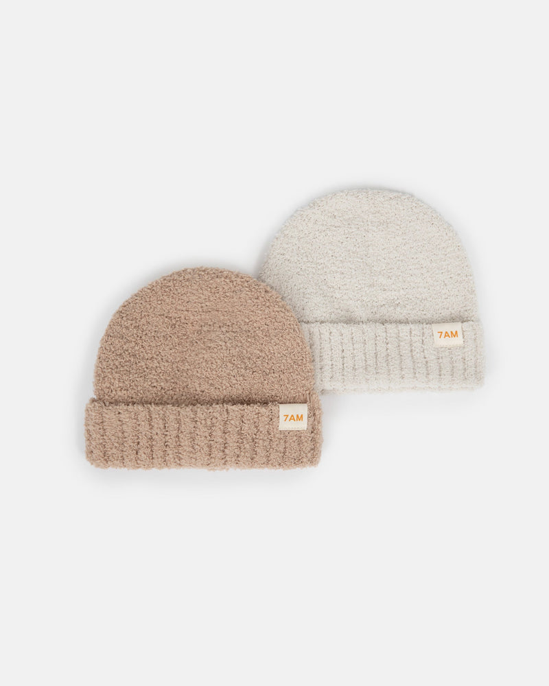 7AM - Beanie - Fuzzy - set | Pecan, Ecru - One Size Kids