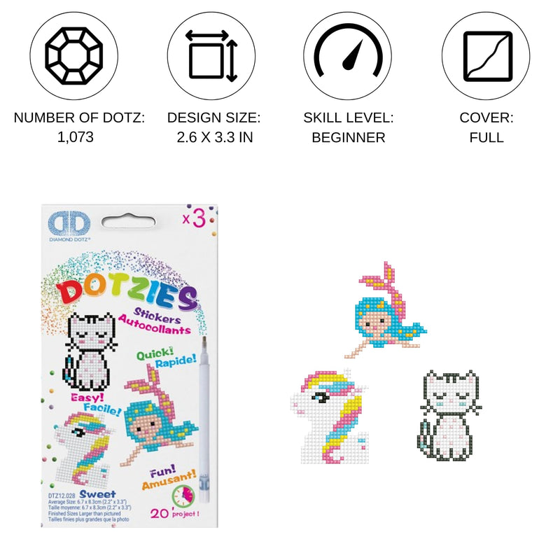 DIAMOND DOTZ - Dotzies Stickers (3) Unicorn, Kitten, Mermaid 18x10