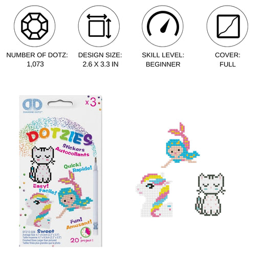 DIAMOND DOTZ - Dotzies Stickers (3) Unicorn, Kitten, Mermaid 18x10