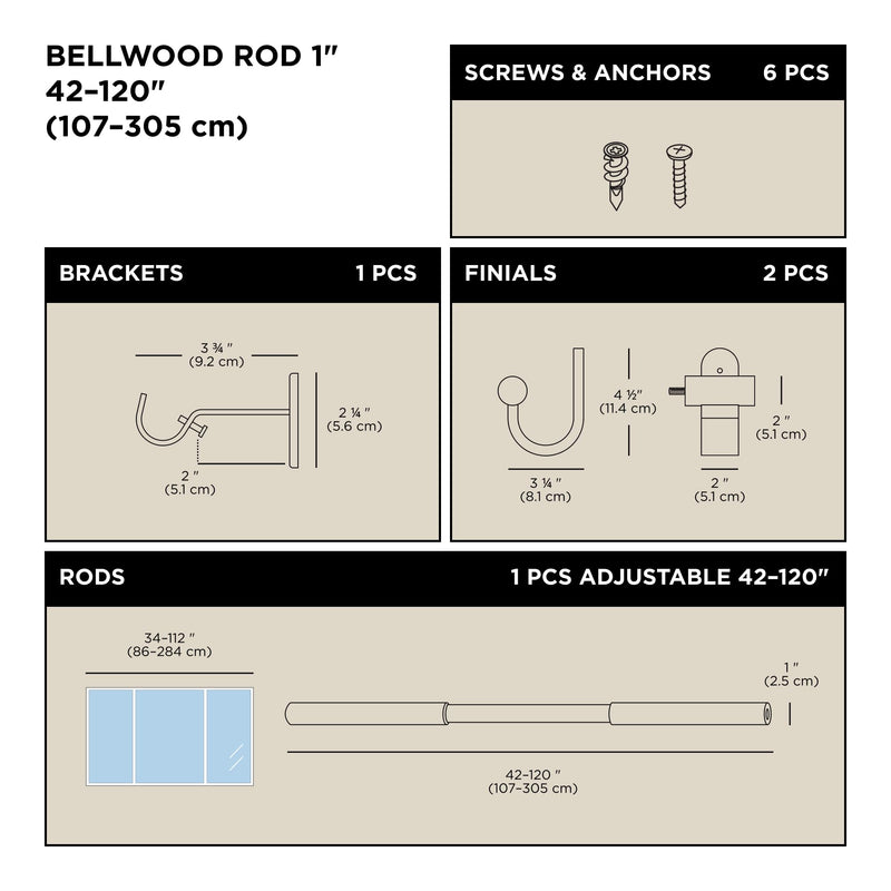 UMBRA - Bellwood Curtain Rod _ Matte-Black / 42-120" (107-305 cm) / 1" (2.5 cm)