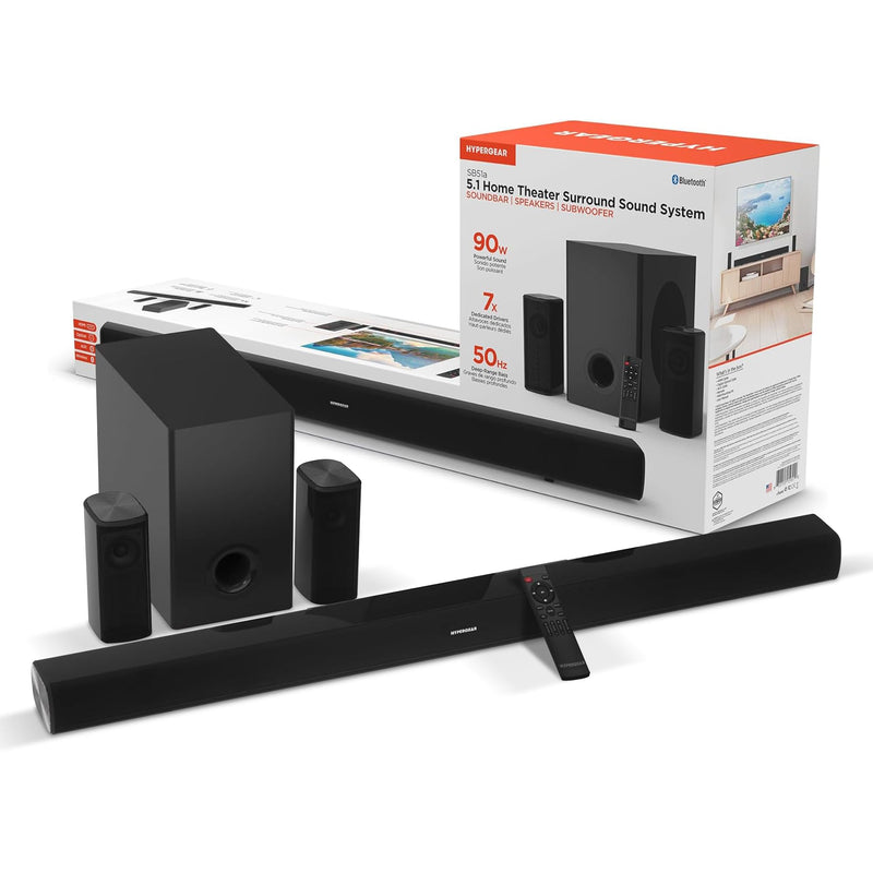 Hypergear - Home Theatre System 5.1 Bluetooth 90W with Soundbar, Subwoofer & Remote