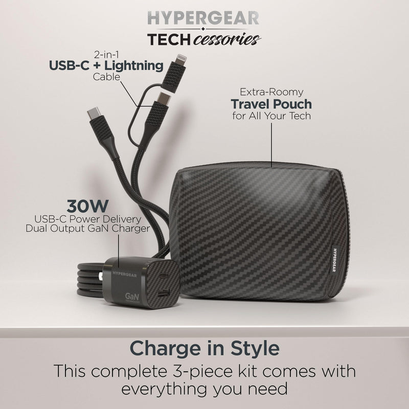 Hypergear - Charging Kit 3-in-1 � 30W Wall Charger + 6ft Cable + Pouch � Black