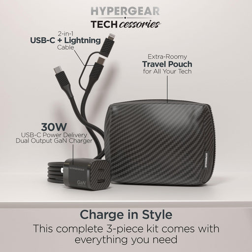 Hypergear - Charging Kit 3-in-1 � 30W Wall Charger + 6ft Cable + Pouch � Black
