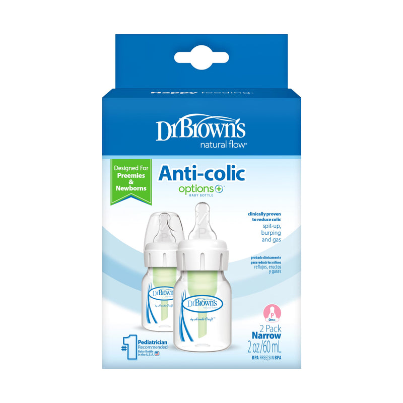 Dr Brown's - 2oz/60mL Narrow Anti-colic Options+ Baby Bottle, Preemie Flow Nipples, 2-Pack