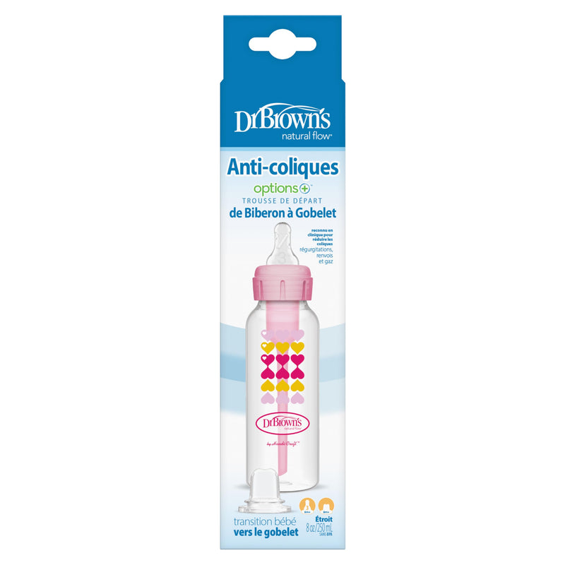 Dr Brown's - 8oz/250mL Narrow Anti-colic Options+ Baby Bottle to Sippy Starter Kit, Pink Hearts, 1-Pack