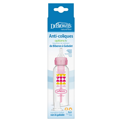 Dr Brown's - 8oz/250mL Narrow Anti-colic Options+ Baby Bottle to Sippy Starter Kit, Pink Hearts, 1-Pack