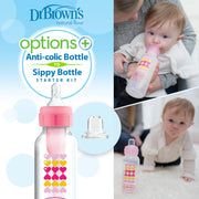 Dr Brown's - 8oz/250mL Narrow Anti-colic Options+ Baby Bottle to Sippy Starter Kit, Pink Hearts, 1-Pack