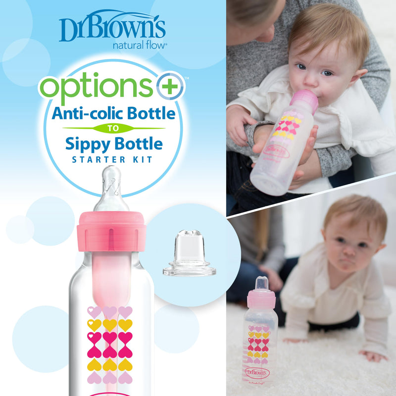 Dr Brown's - 8oz/250mL Narrow Anti-colic Options+ Baby Bottle to Sippy Starter Kit, Pink Hearts, 1-Pack