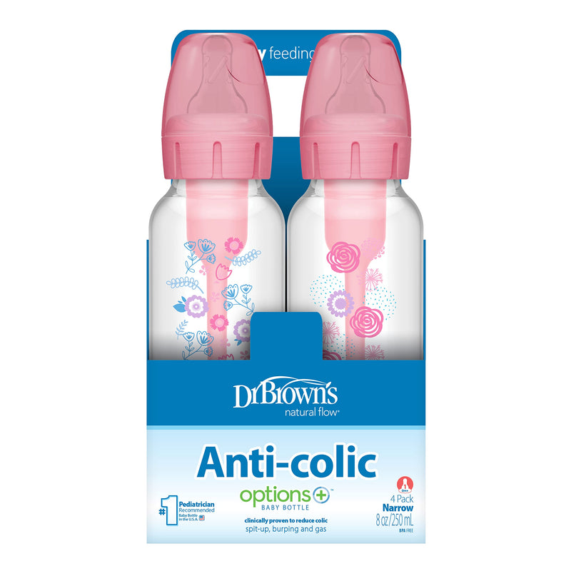 Dr Brown's - 8oz/250mL Narrow Anti-colic Options+ Baby Bottle, Pink Floral, 4-Pack
