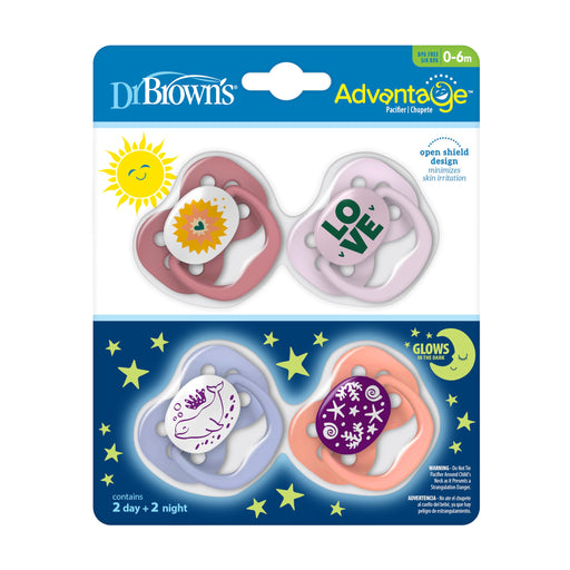 Dr Brown's - Advantage Pacifier, Stage 1, Blue Sunrise and Glow in the Dark Blue Ocean, 4-Pack