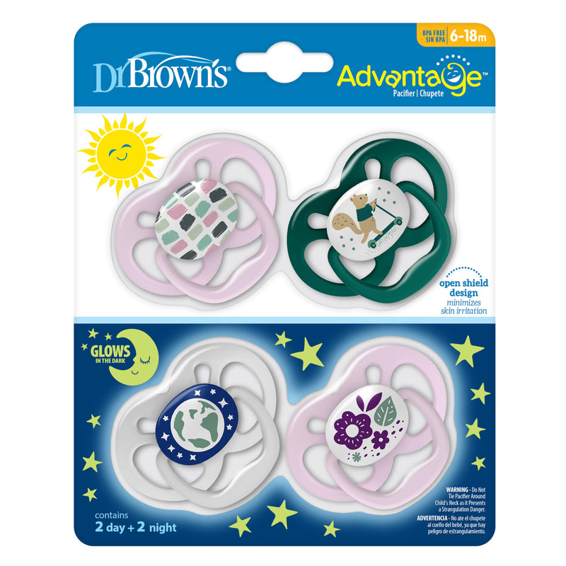 Dr Brown's - Advantage Pacifier, Stage 2, Scooter Squirrel and Glow in the Dark Purple Nature, 4-Pack