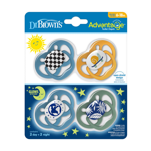 Dr Brown's - Advantage Pacifier, Stage 2, Skateboard Snail and Glow in the Dark Blue Nature, 4-Pack