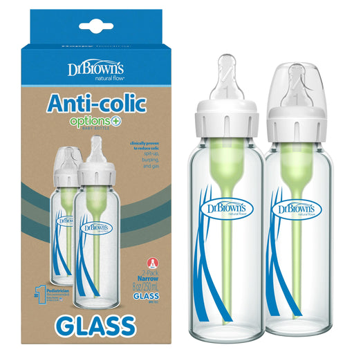 Dr Brown's - 8oz/250mL Glass Narrow Anti-colic Options+ Baby Bottle, 2-Pack