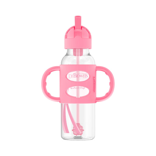 Dr Brown's - 8 oz/250 mL Narrow Sippy Straw Bottles w/ Silicone Handles, Pink, 1-Pack