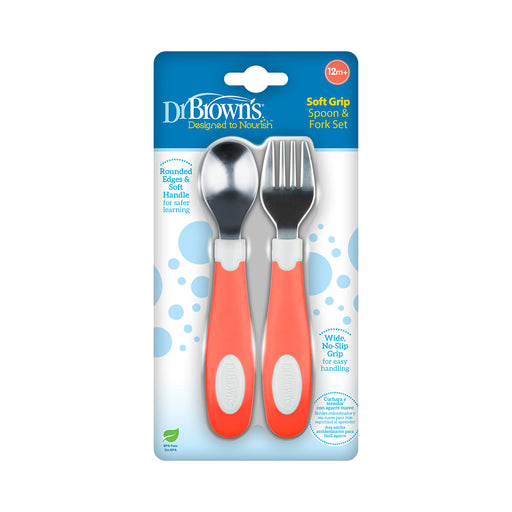 Dr Brown's - Soft Grip Spoon & Fork Set, Coral