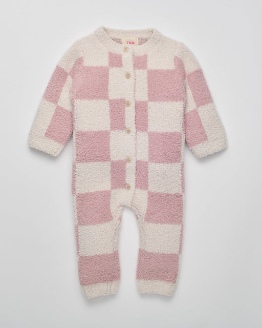 7AM - Checkers Long Sleeve Romper - Ecru, Ash Rose - 6-9M