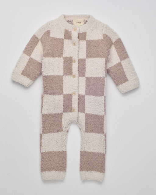 7AM - Checkers Long Sleeve Romper - Ecru, Taupe - 6-9M