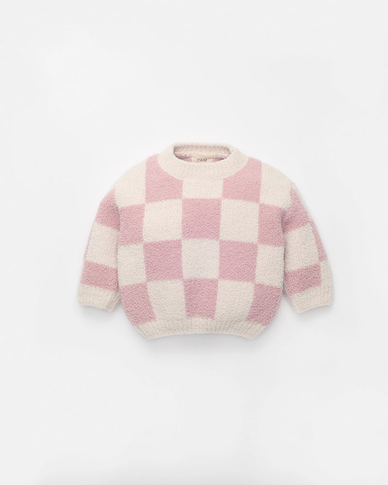 7AM - Checkers Boxy Sweater - Ecru, Ash Rose - 2-3T