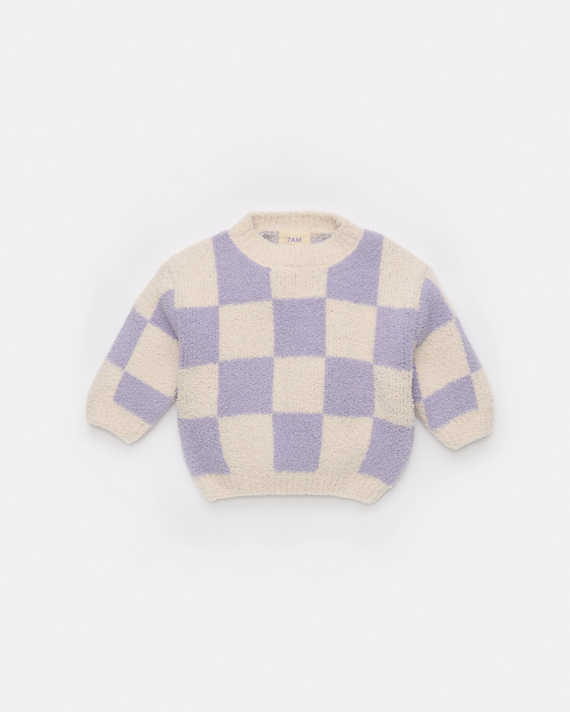 7AM - Checkers Boxy Sweater - Ecru, Taro - 6-9M
