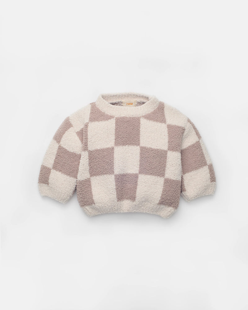 7AM - Checkers Boxy Sweater - Ecru, Taupe - 2-3T